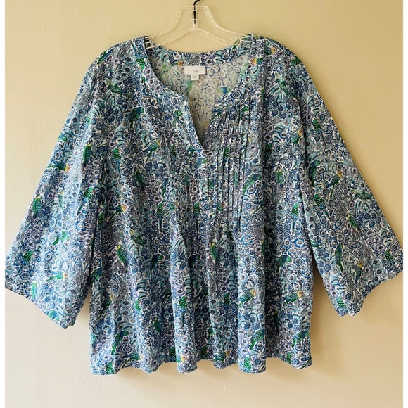 J.Jill Sz Lp or L reg. Pintucked Linen Blend Popover Split V Neck Blouse - Picture 2 of 9